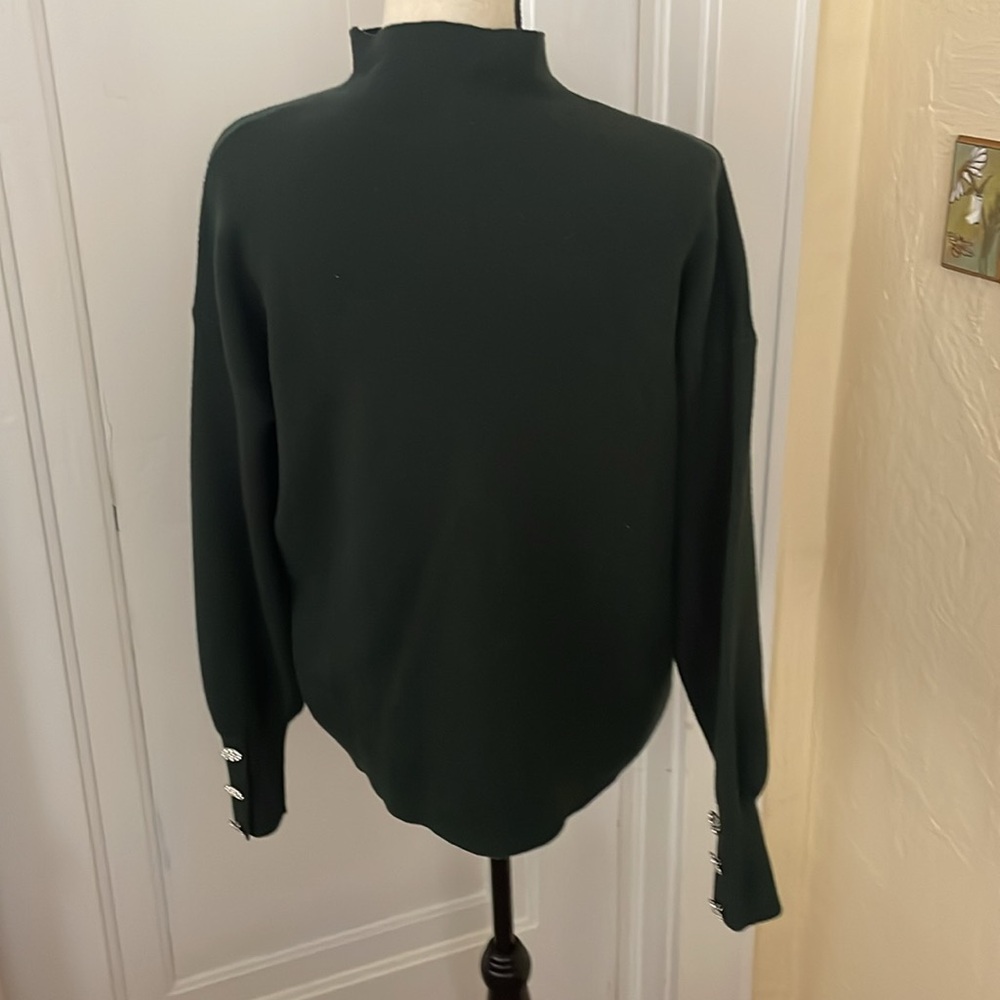 Tahari Pine Green Turtleneck Rhinestone Floral button L/Sleeves Sweater Medium - Picture 4 of 8